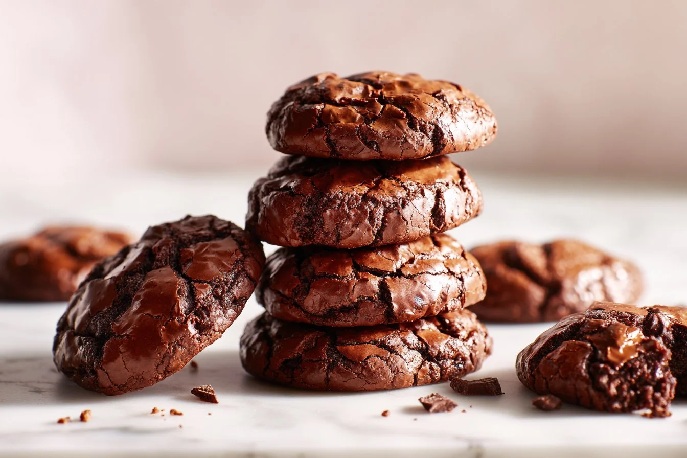 Freshly baked gluten-free brownie cookies on a cooling rack.