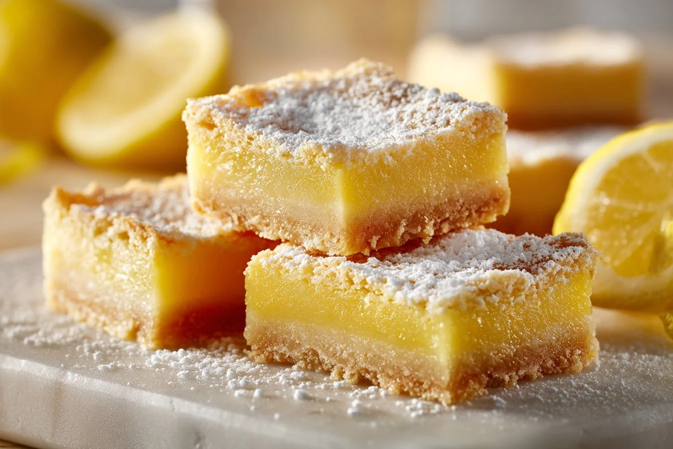 Fresh gluten-free lemon bars sprinkled with powdered sugar on a plate