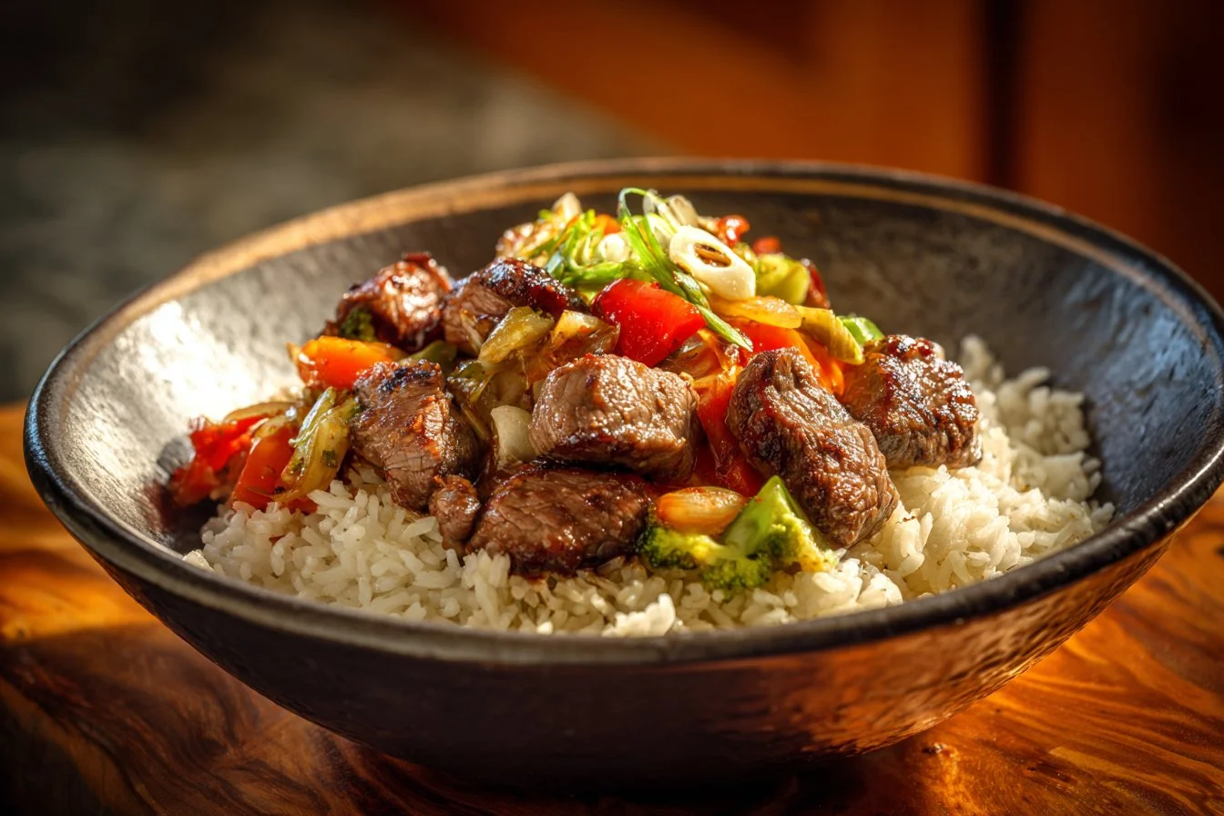 Hibachi Steak Bowl with grilled veggies and rice
