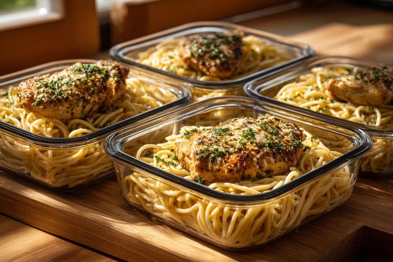 High-protein creamy chicken alfredo dish served with pasta and garnished with parsley.