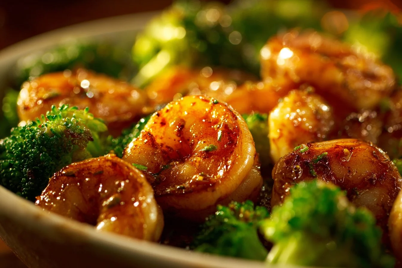 High-protein honey garlic shrimp served on a plate with vegetables
