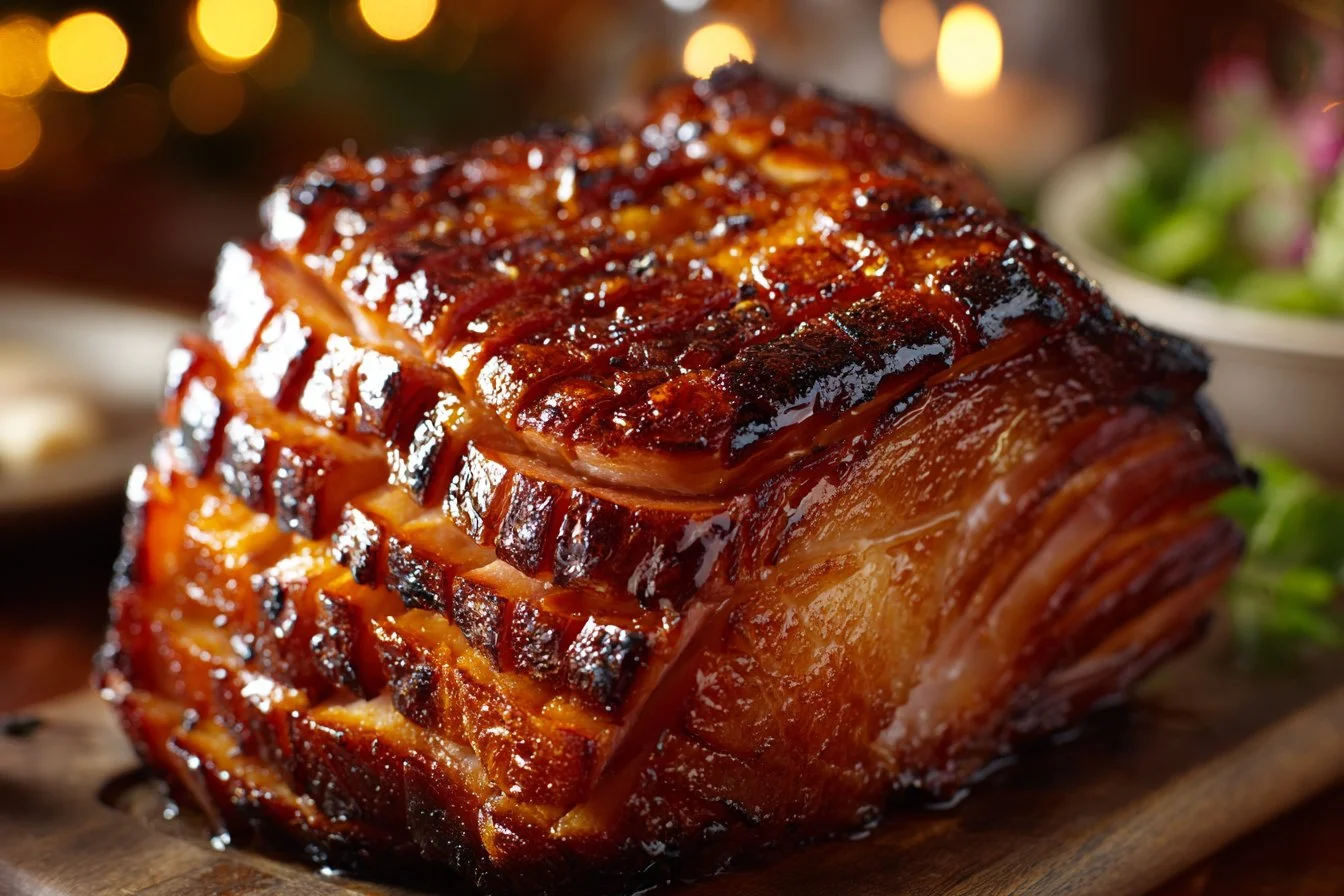 Delicious Honey Bake Ham served with a sweet glaze and garnishes.