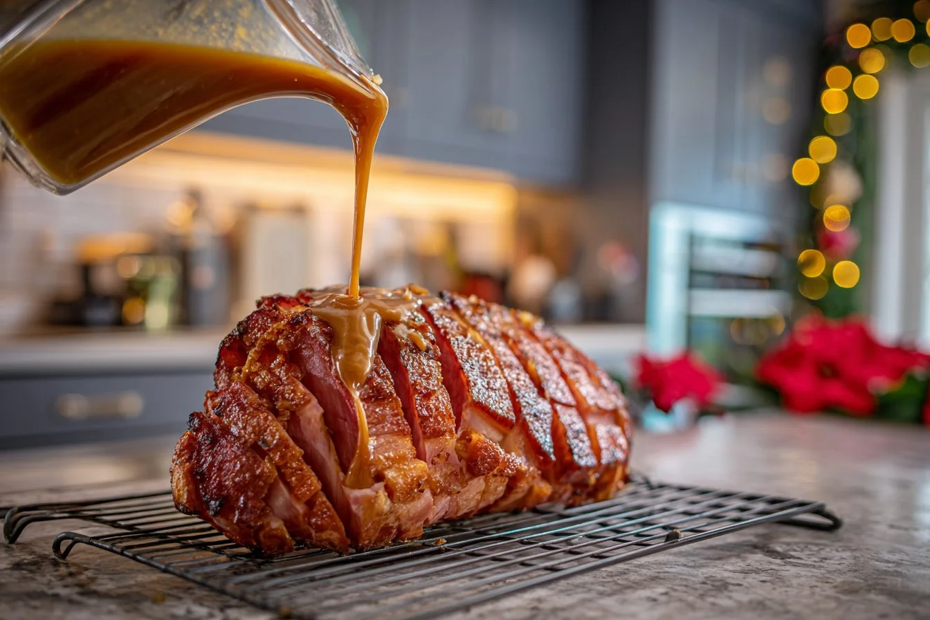 Succulent honey glazed ham ready for serving at a festive dinner