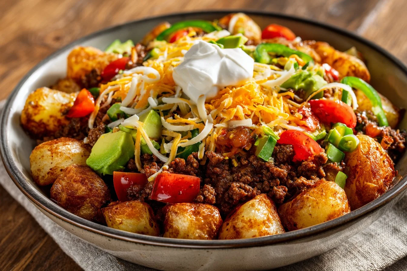 A vibrant Loaded Potato Taco Bowl filled with toppings and fresh ingredients.