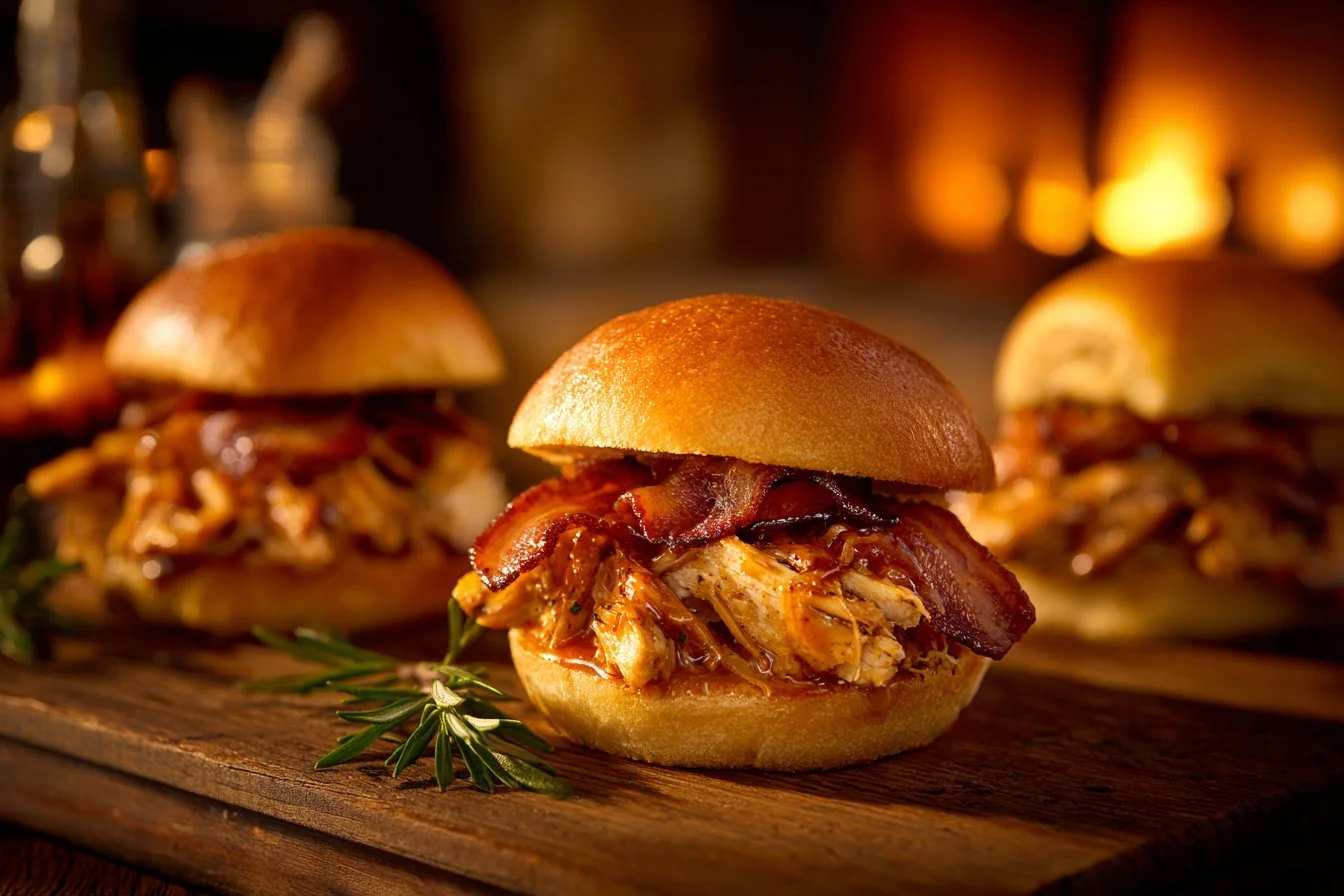 Delicious Maple Chicken Bacon Sliders served on a platter.