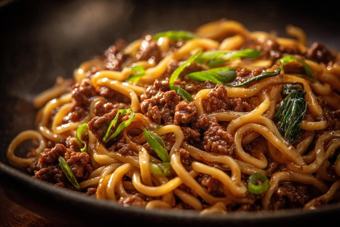 Delicious Mongolian ground beef noodles with vibrant vegetables.