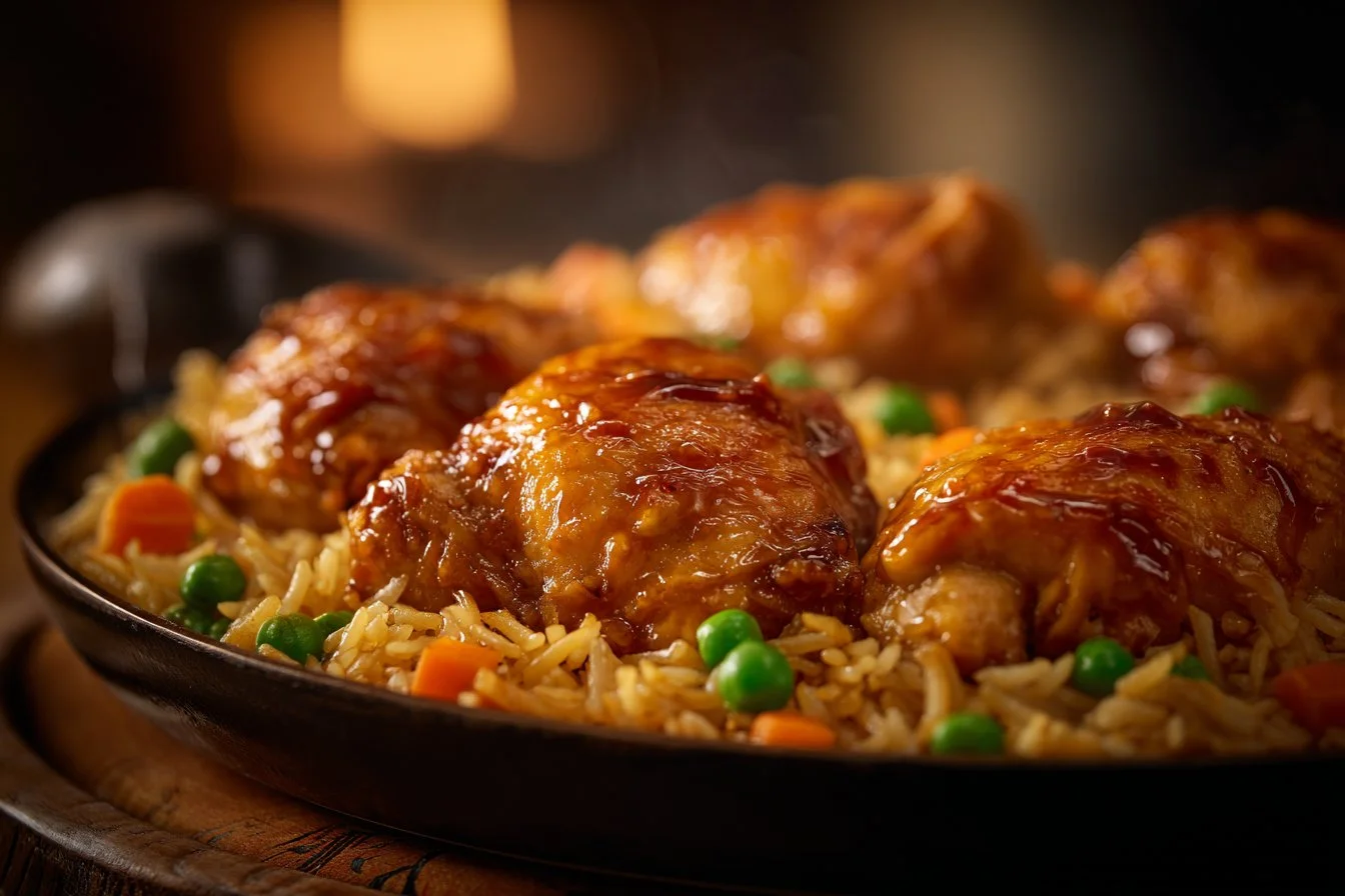One-Pan Honey BBQ Chicken served with rice and garnished with fresh herbs