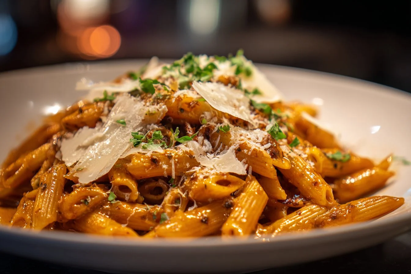 One Pot Creamy Garlic Pasta garnished with parsley in a skillet