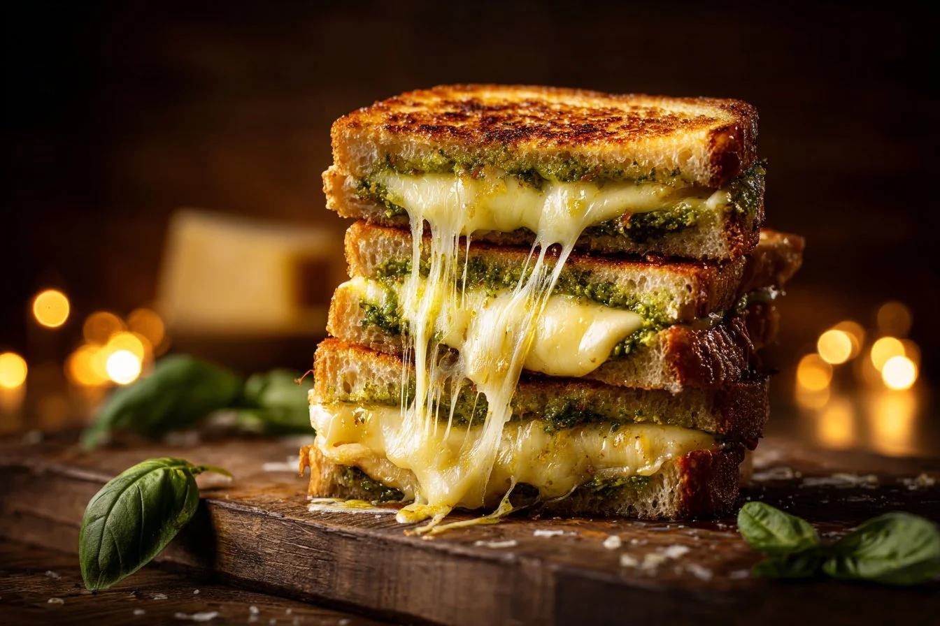 Melted pesto grilled cheese sandwich with basil and crispy golden bread.