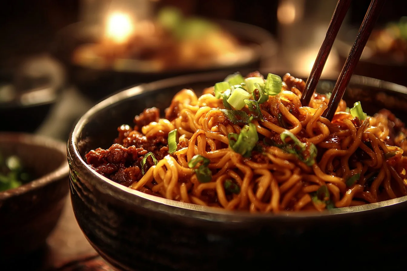 Delicious potsticker noodle bowl with dumplings and fresh vegetables