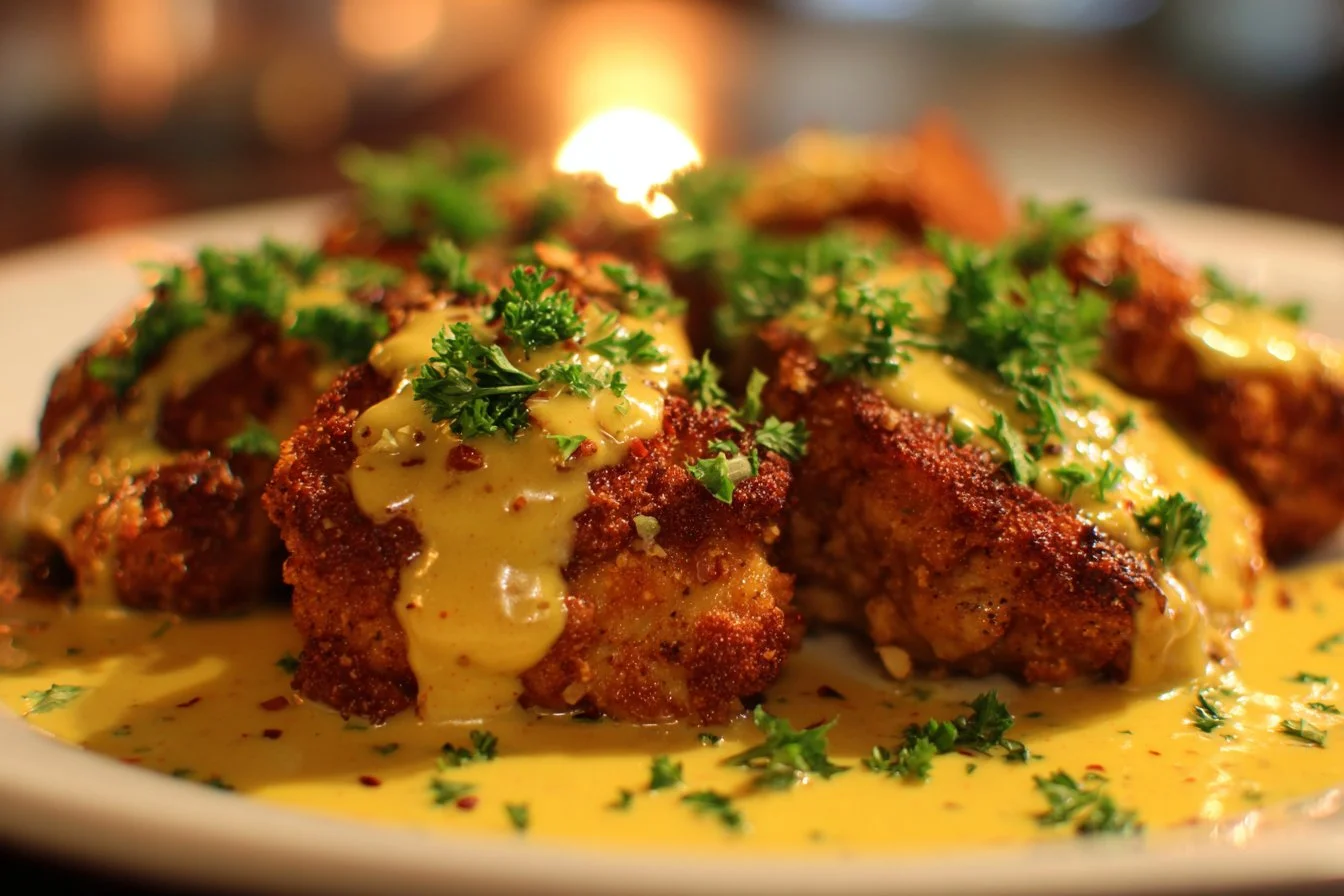 Delicious pretzel chicken with a crispy pretzel crust served on a plate.