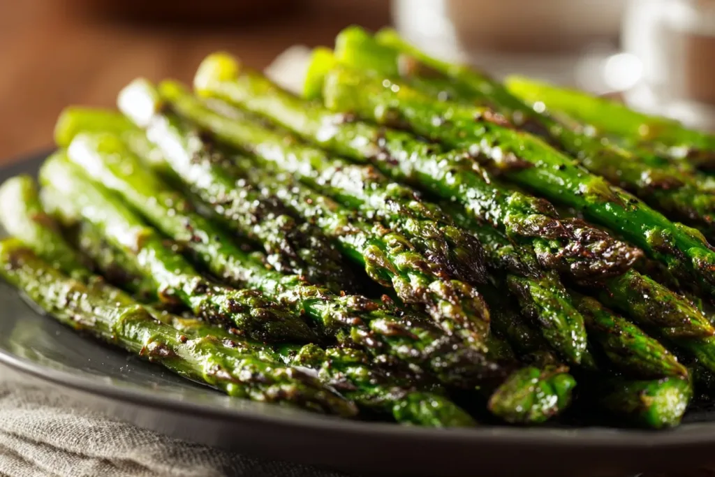 Delicious roasted asparagus seasoned and ready to serve as a healthy side dish.
