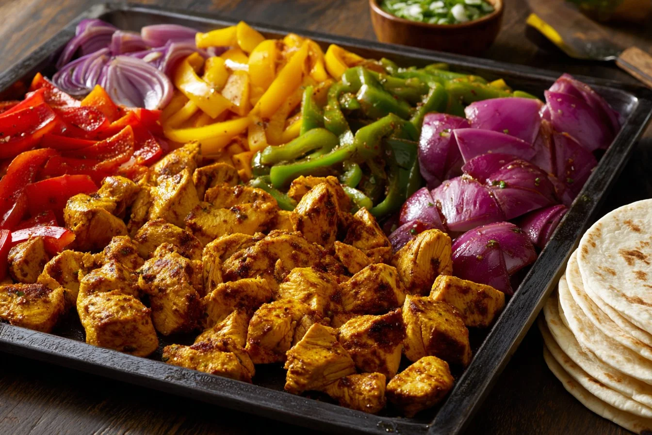 Sheet pan chicken fajitas with peppers and onions, easy dinner recipe