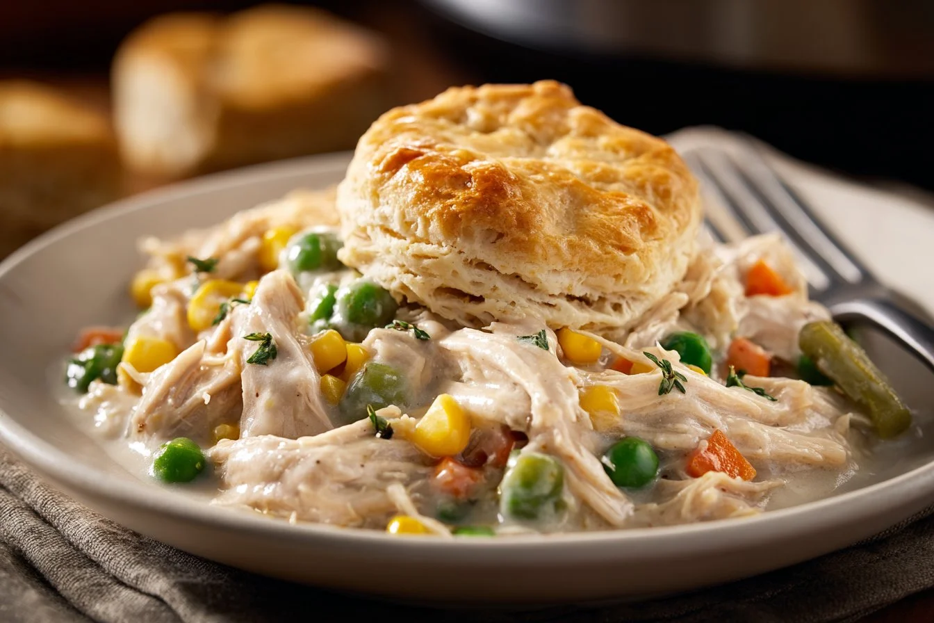 A delicious slow cooker chicken pot pie ready to serve with golden crust