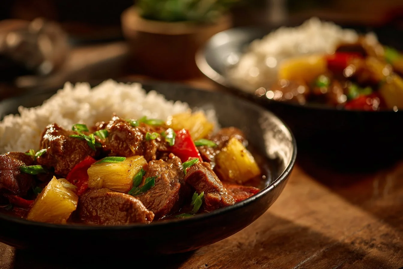 Slow Cooker Pineapple Pork served with a side of vegetables