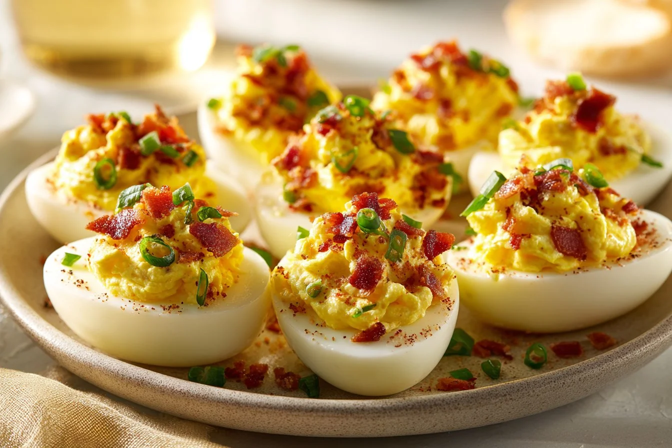 Southern bacon deviled eggs garnished with crispy bacon and herbs