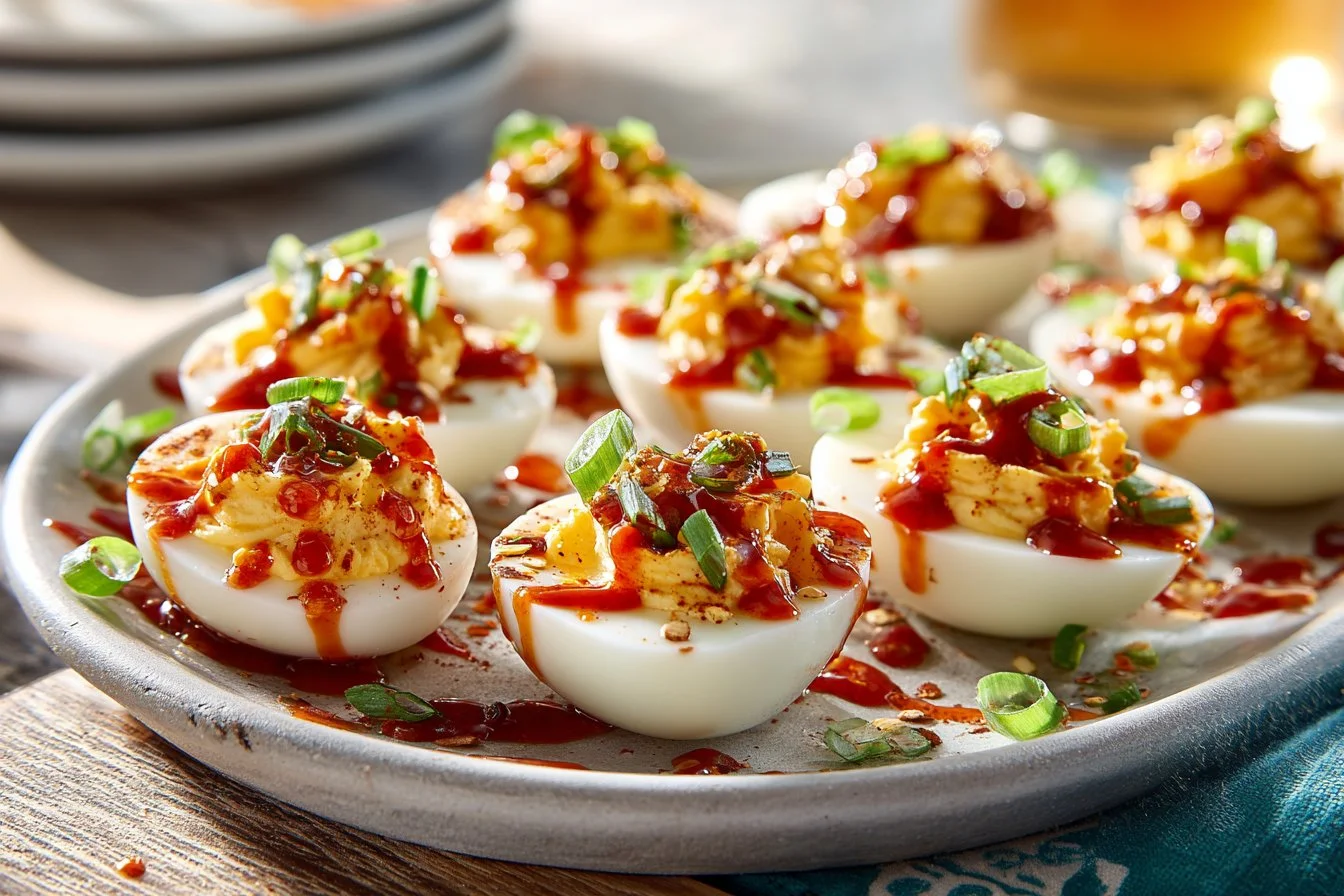 Spicy chili garlic deviled eggs served on a platter