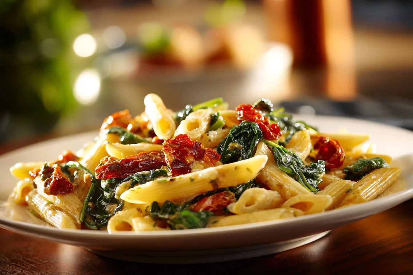 Bowl of tasty spinach tomato pasta garnished with fresh herbs and cheese.