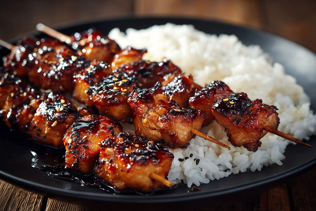 Grilled teriyaki chicken skewers garnished with sesame seeds and green onions