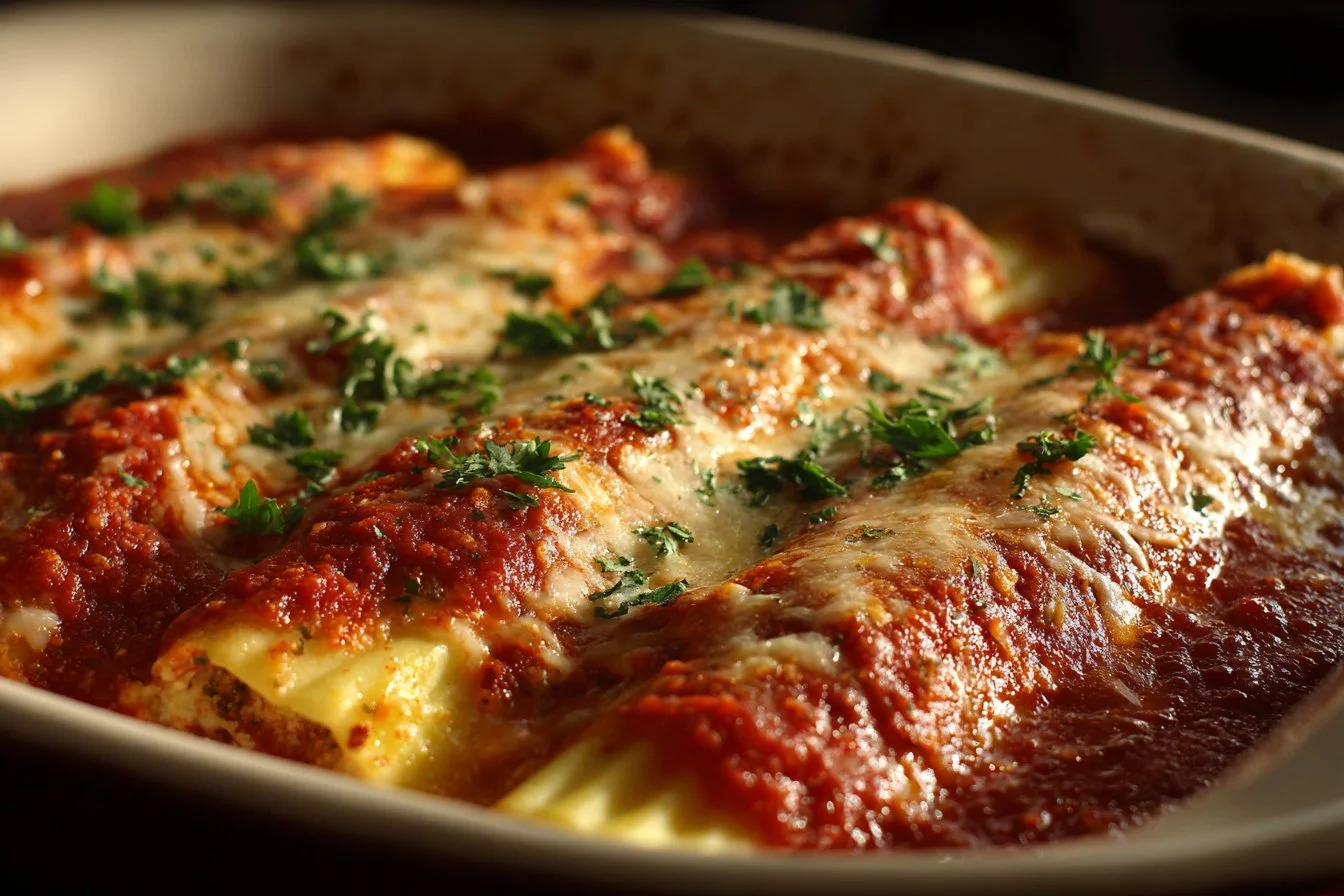 Three Cheese Manicotti served with marinara sauce and fresh basil