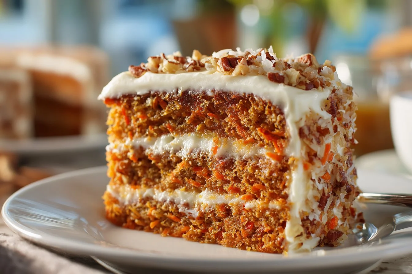 Slice of To Die For Carrot Cake topped with cream cheese frosting