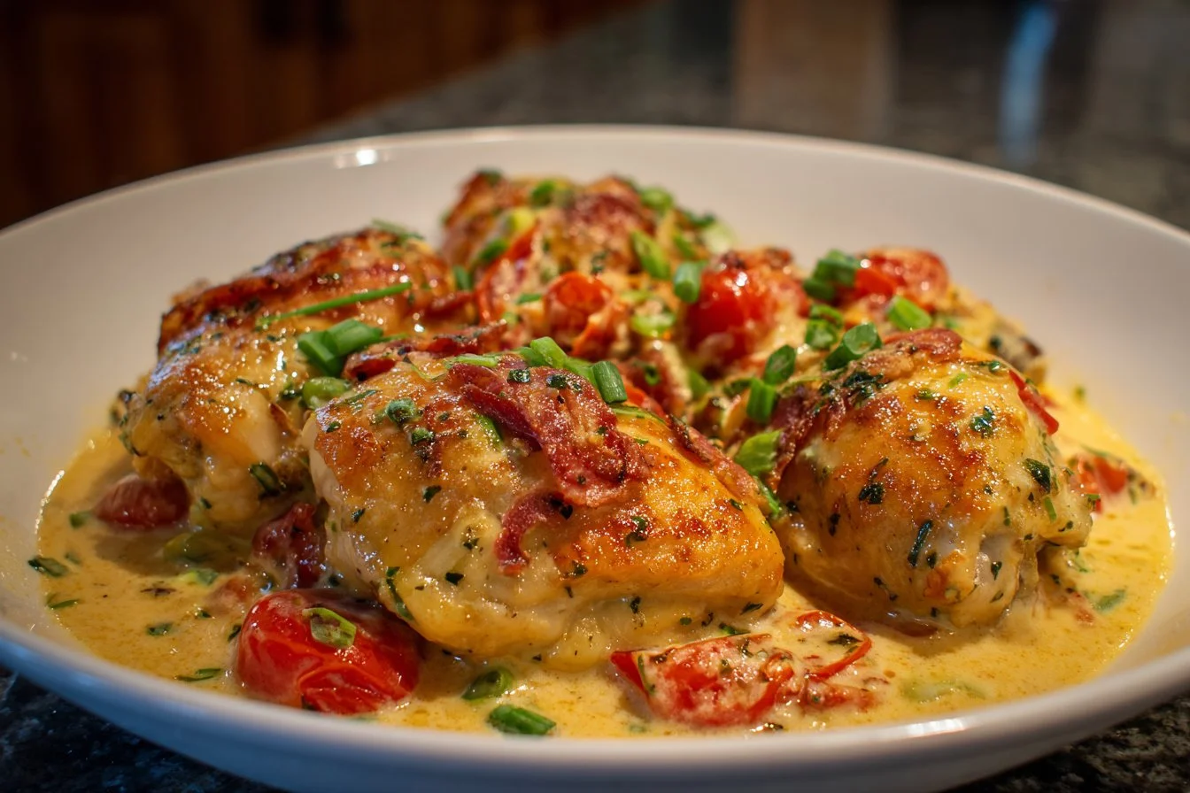 Juicy Tuscan chicken breast served with rich sauce and fresh herbs.