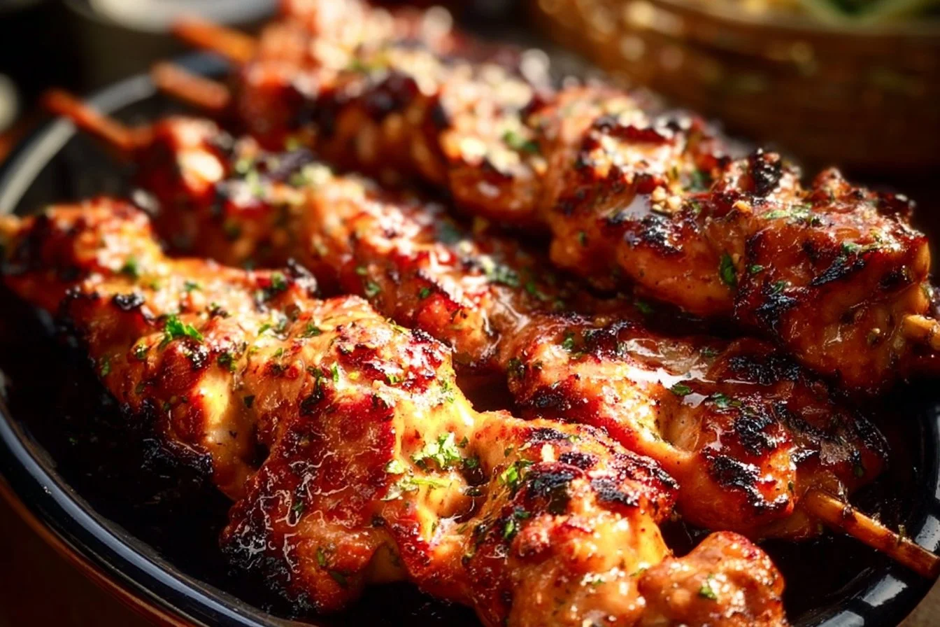 Air Fryer Bang Bang Chicken Skewers served on a plate with dipping sauce
