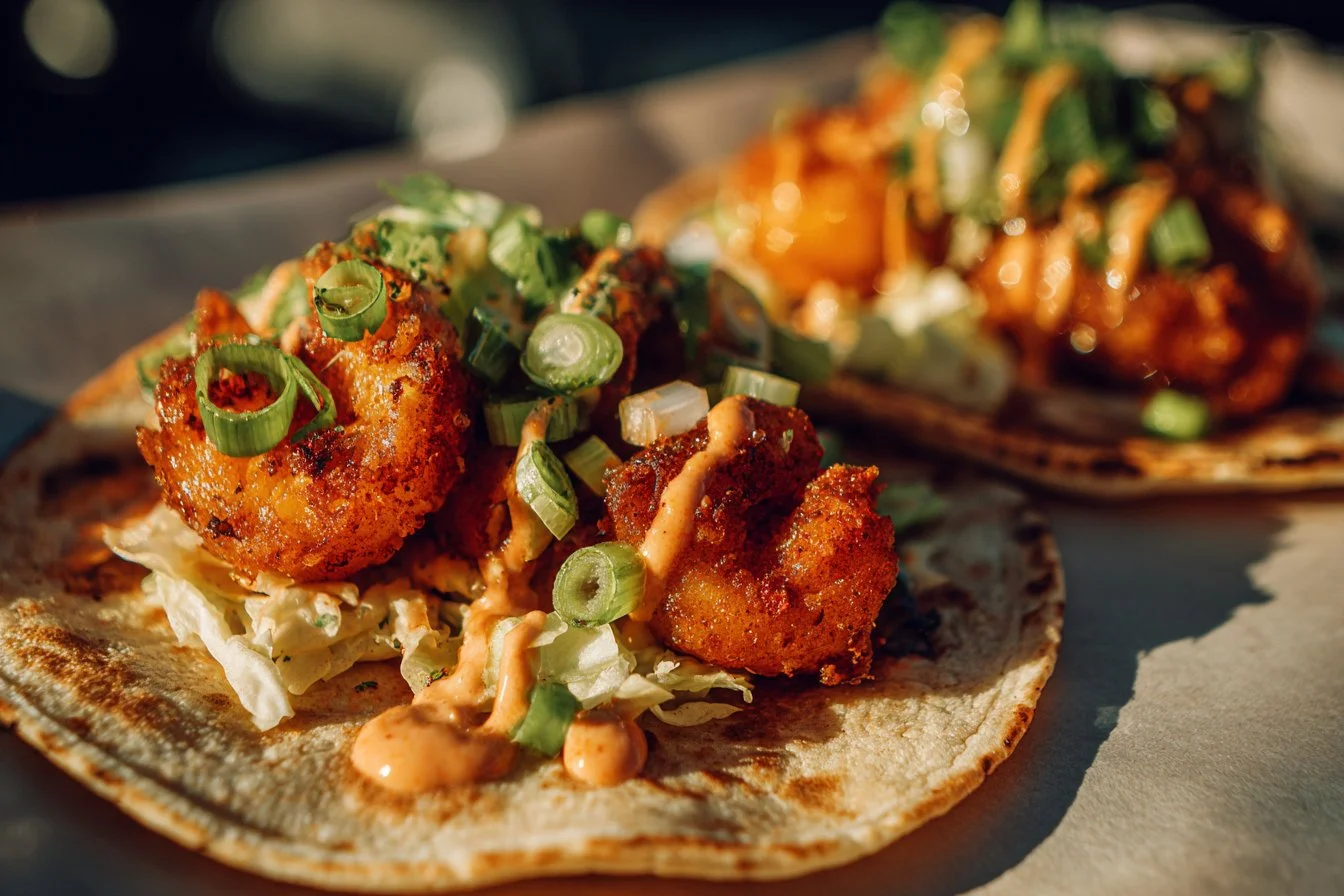 Delicious Air Fryer Bang Bang Shrimp Tacos with spicy sauce and fresh toppings