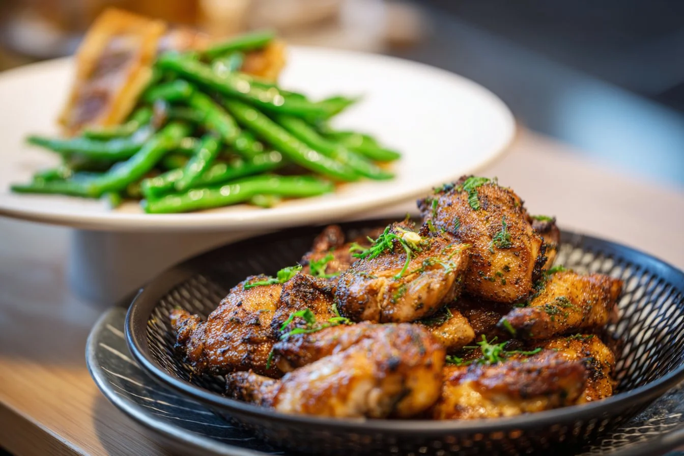Delicious air fryer chicken breasts cooking in an air fryer.
