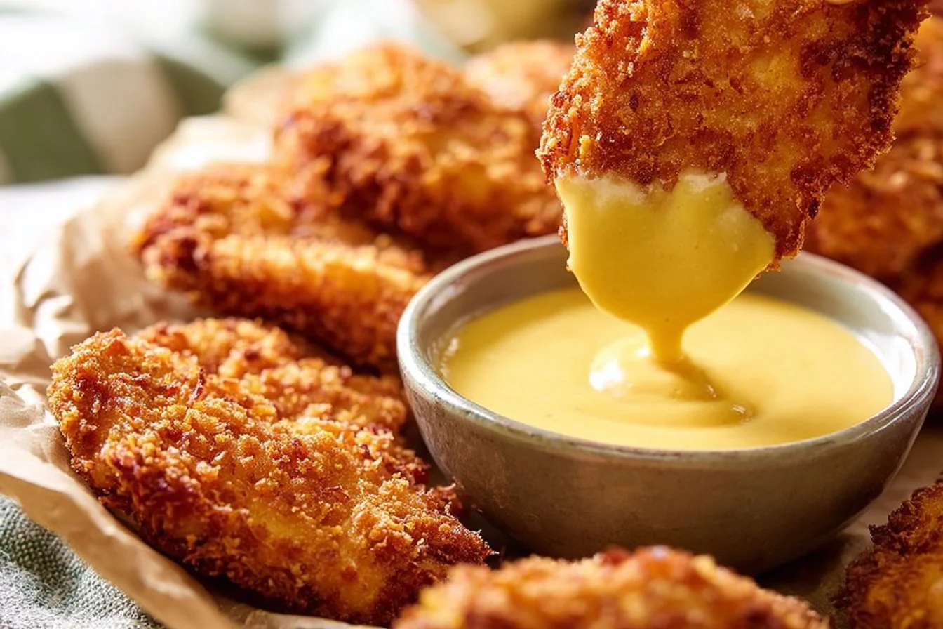 Crispy air fryer chicken tenders served with dipping sauce