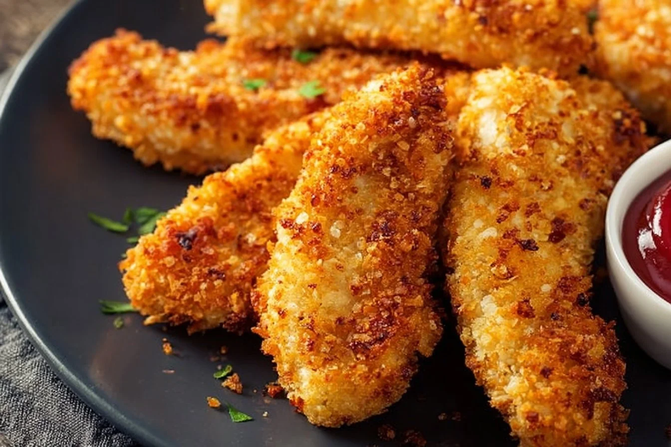 Crispy air fryer chicken tenders served with dipping sauce
