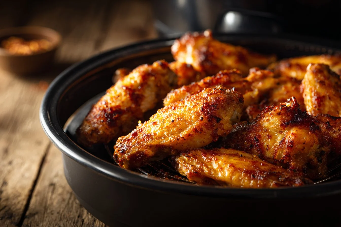 Delicious air fryer chicken wings served on a plate with dipping sauce