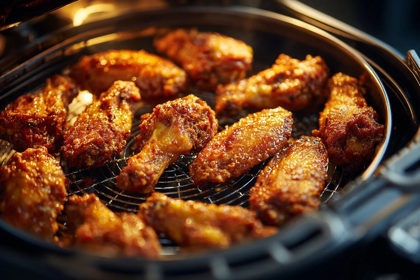 Crispy air fryer frozen chicken wings ready to serve on a platter.