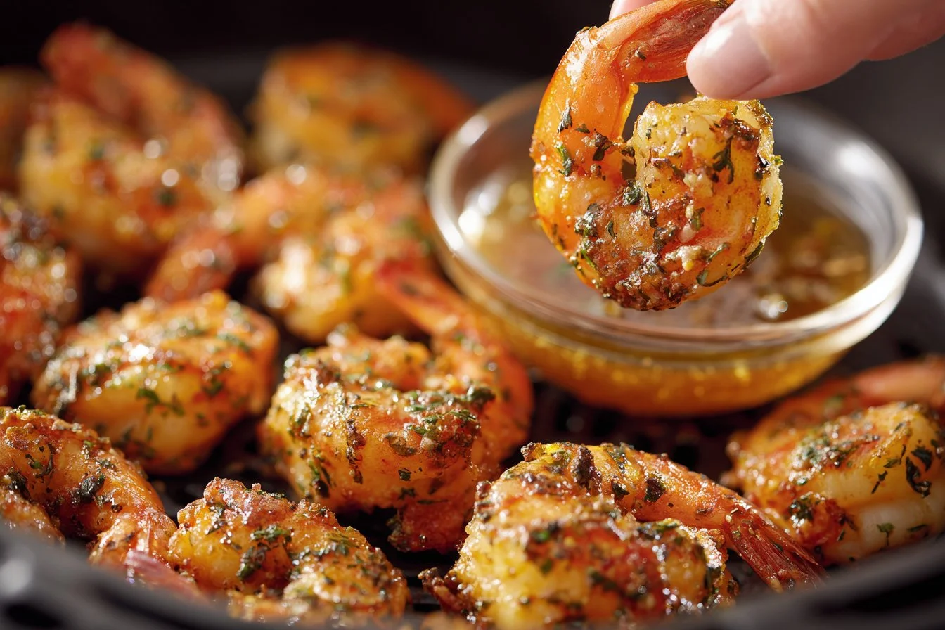 Air Fryer Garlic Butter Shrimp served on a plate with herbs and lemon