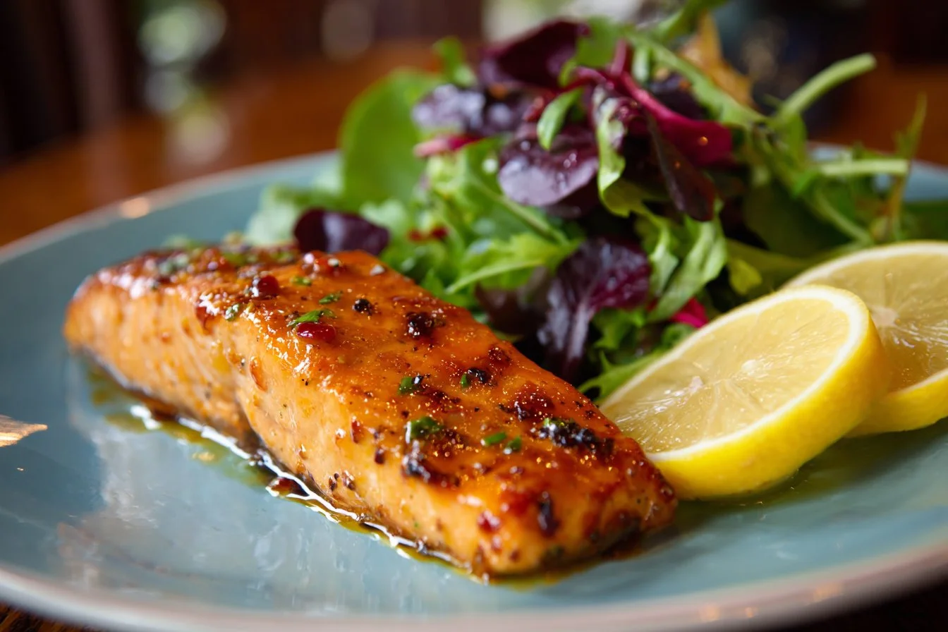 Air fryer honey mustard salmon fillet garnished with herbs