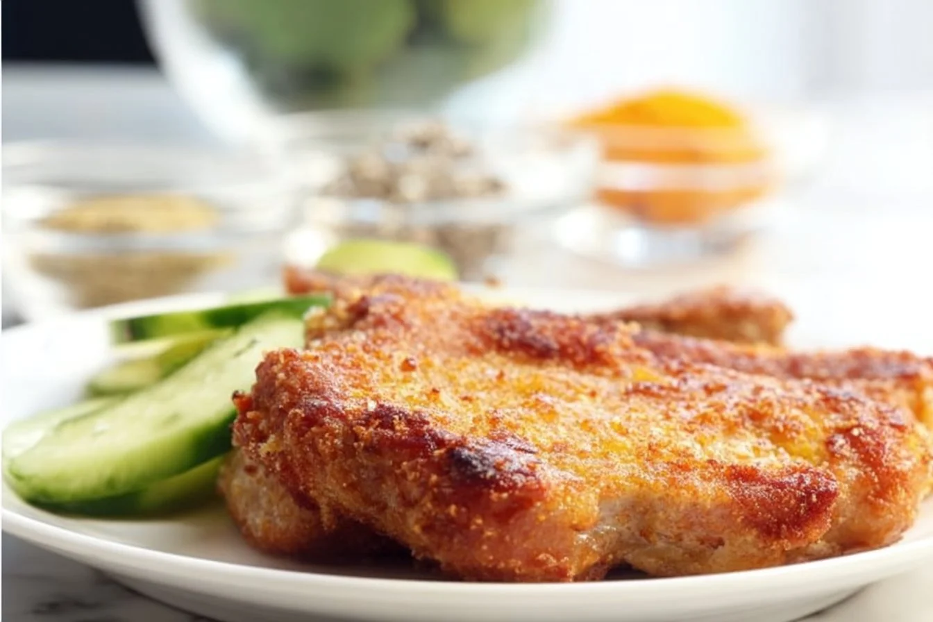 Air fryer pork chops served with sides on a plate