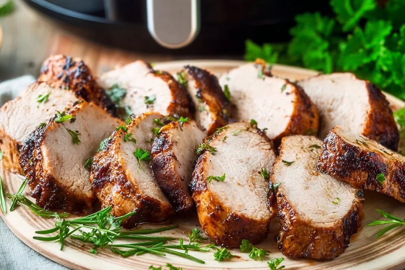 Delicious air fryer pork tenderloin served with vegetables