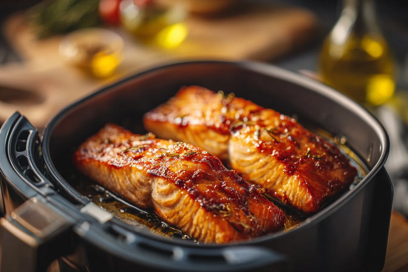 Delicious air fryer salmon with herbs served on a plate