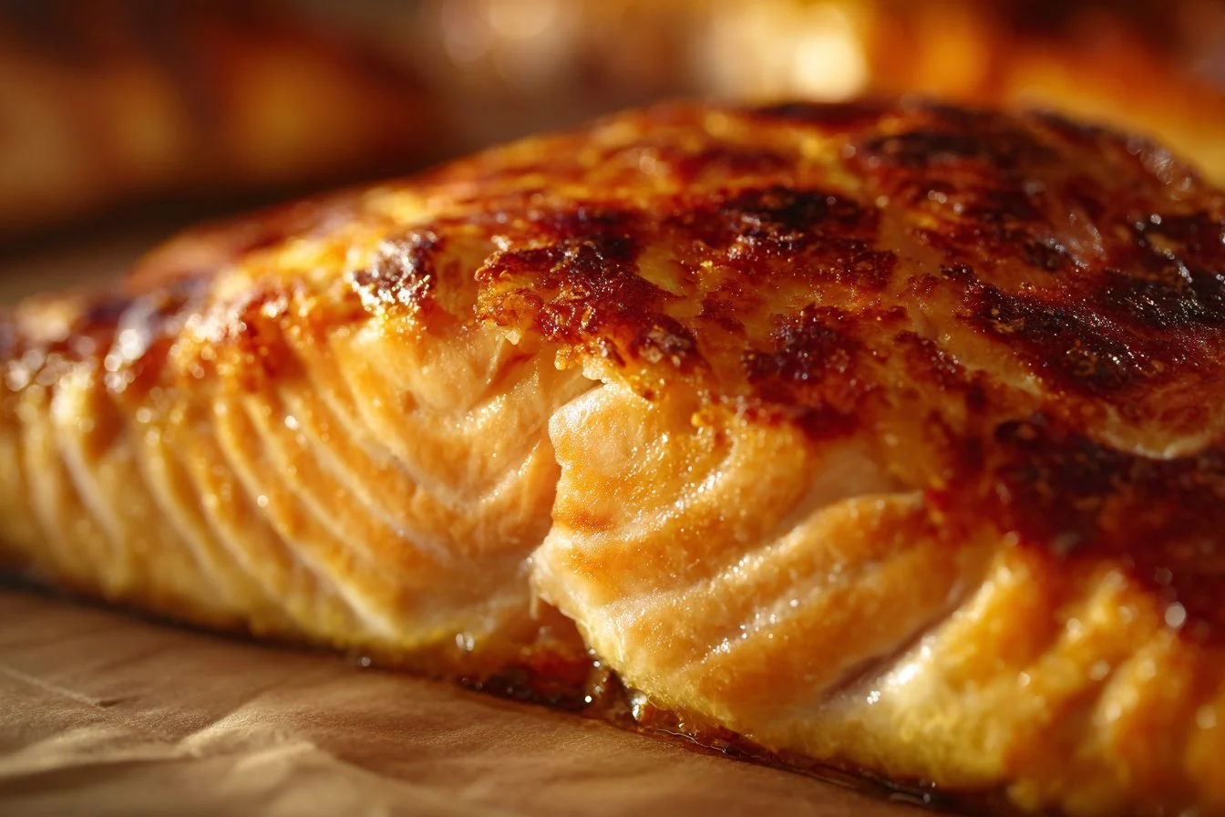 Cooked air fryer salmon garnished with herbs on a plate