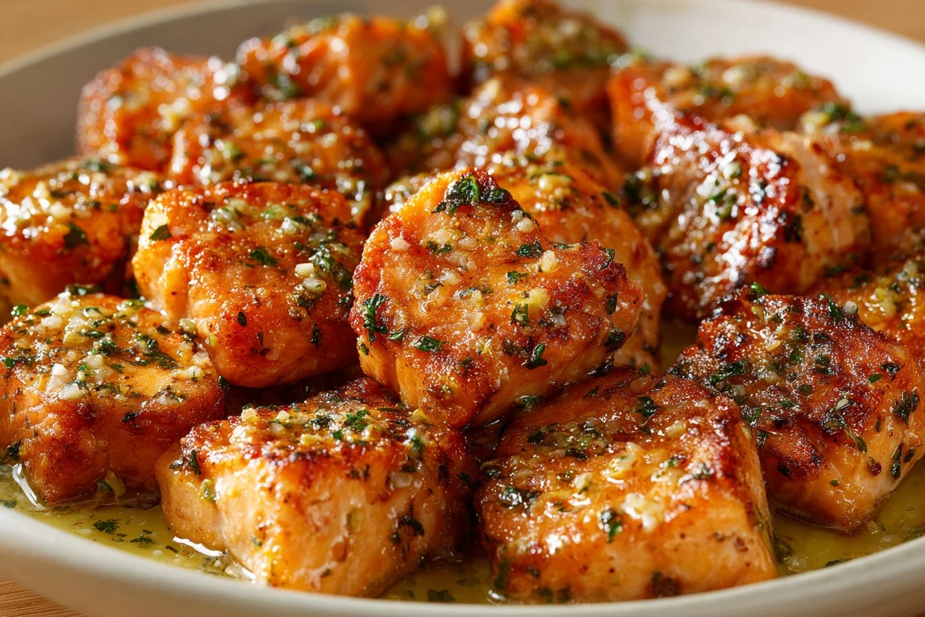 Crispy Air Fryer Salmon Bites served on a plate with dipping sauce