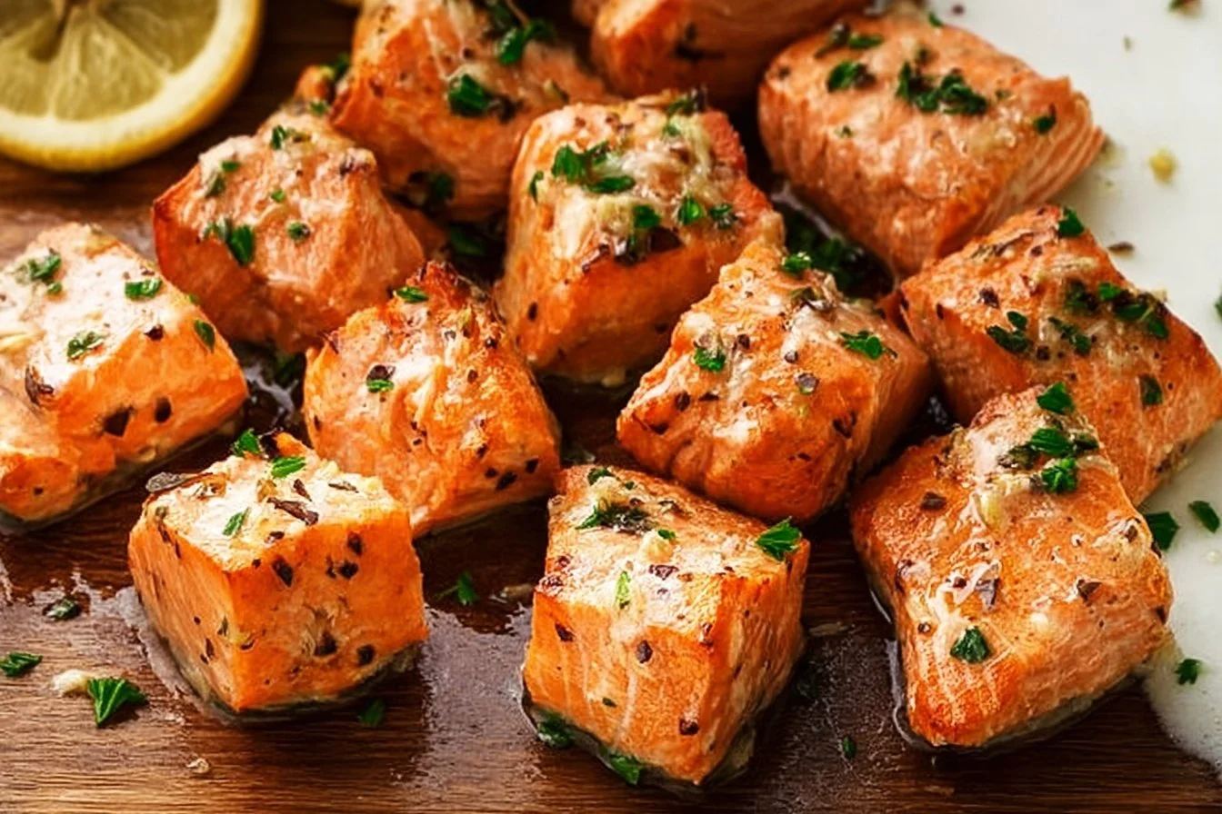 Air Fryer Salmon Bites with Lemon Garlic Butter Sauce