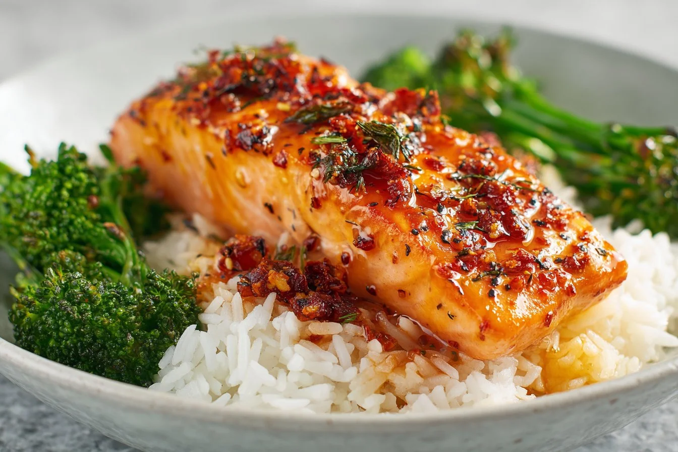 Honey garlic air fryer salmon served on a plate with garnishes.