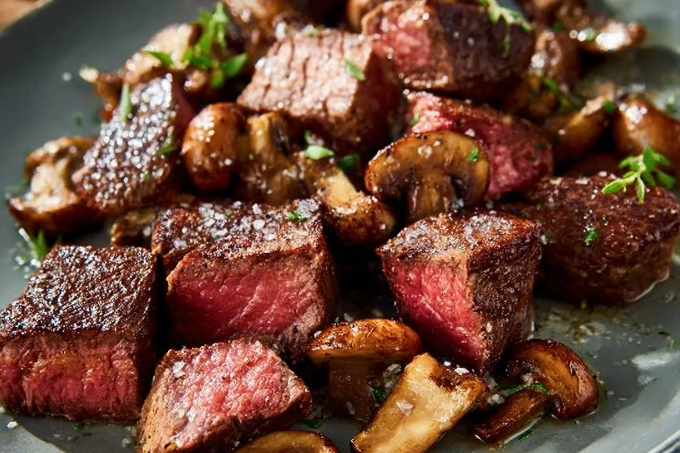 Delicious air fryer steak bites with mushrooms served in a dish