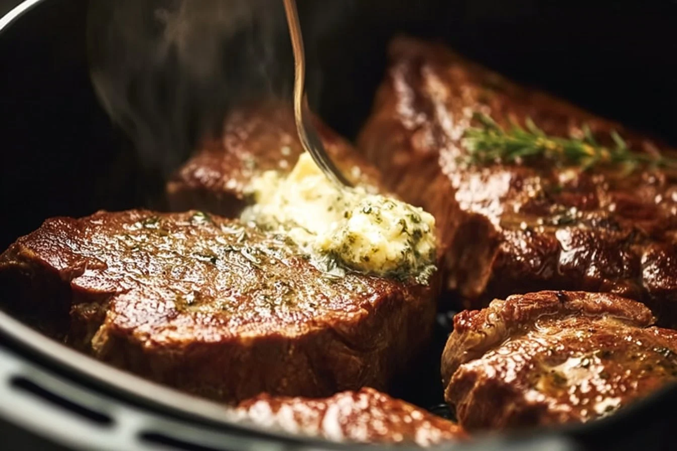 Delicious air fryer steaks topped with garlic butter served on a plate