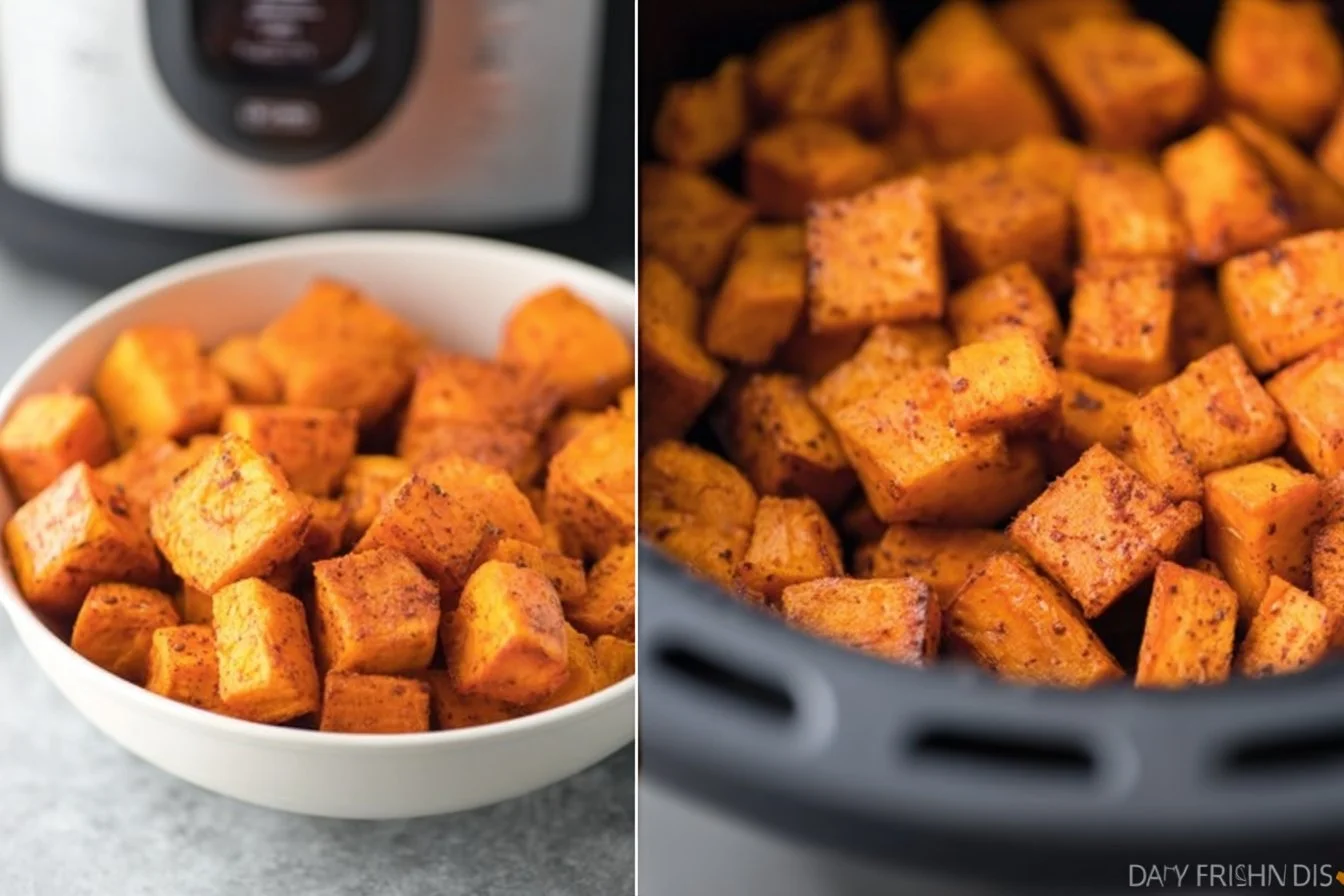 Crispy air fryer sweet potato cubes served in a bowl