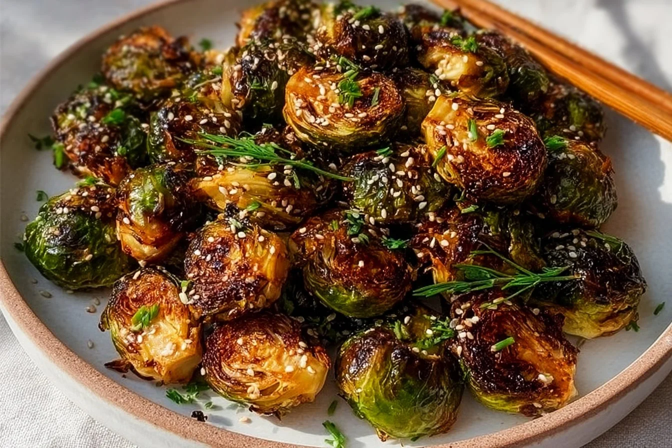 Delicious Asian Brussels Sprouts recipe with savory sauce and toppings