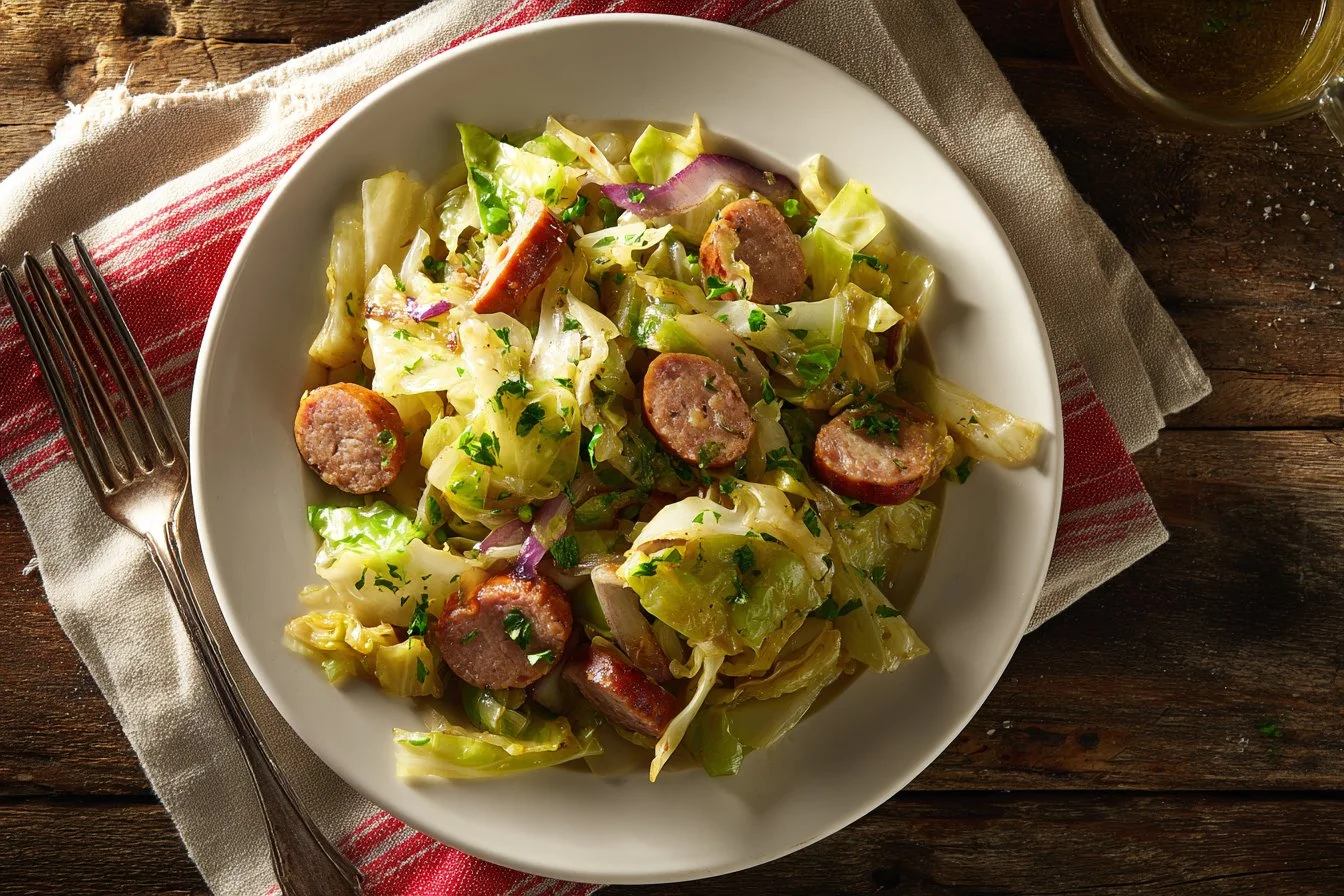 Cabbage and sausage skillet dish served in a rustic pan with vibrant colors.