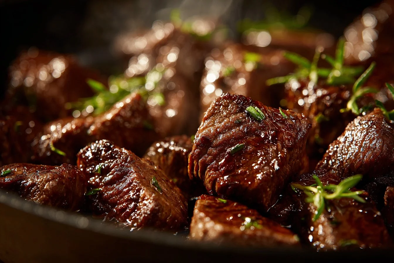Cajun Garlic Butter Steak Bites served garnished with herbs and spices
