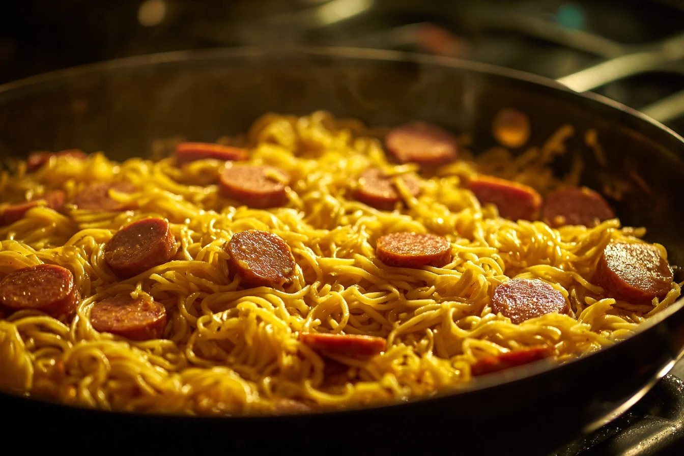 Delicious Cajun sausage pasta cooked with spices and served in a bowl.