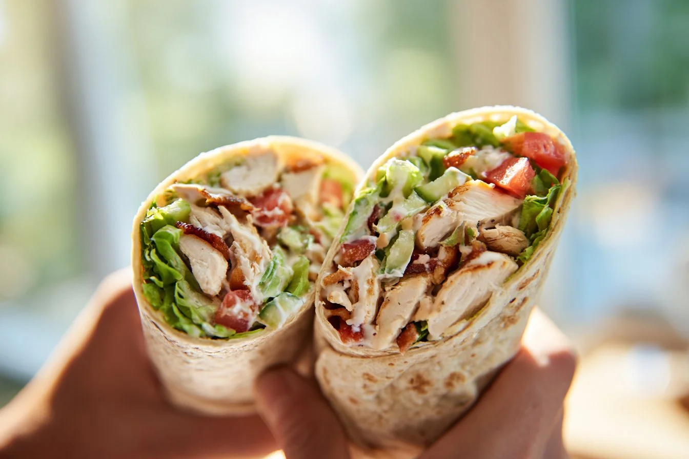 Delicious Chicken Bacon Wrap with crispy bacon and grilled chicken slices